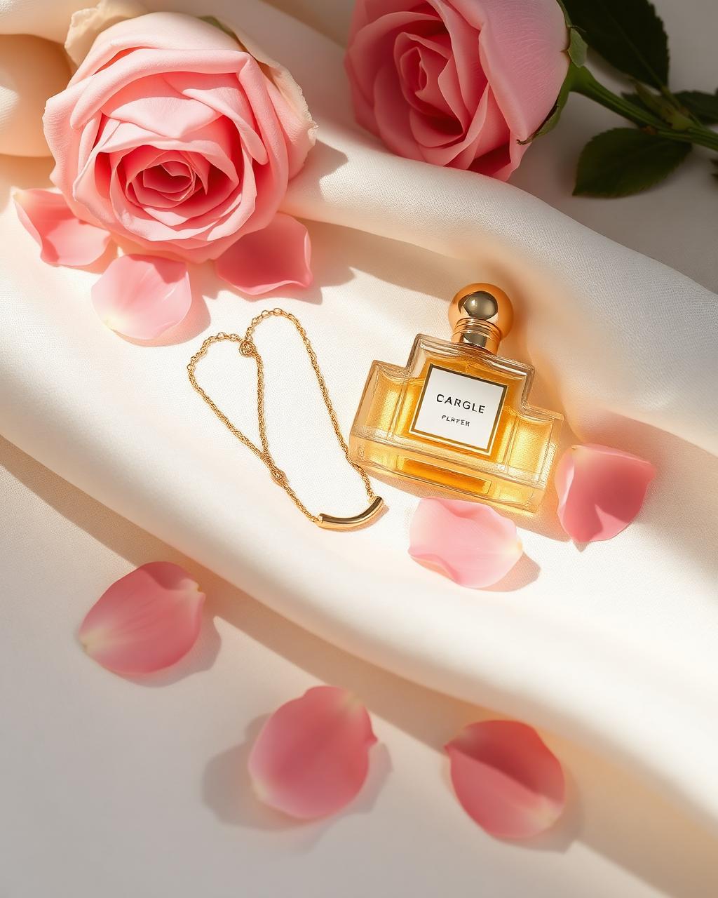 Delicate gold jewelry and perfume on cream linen with blush rose petals
